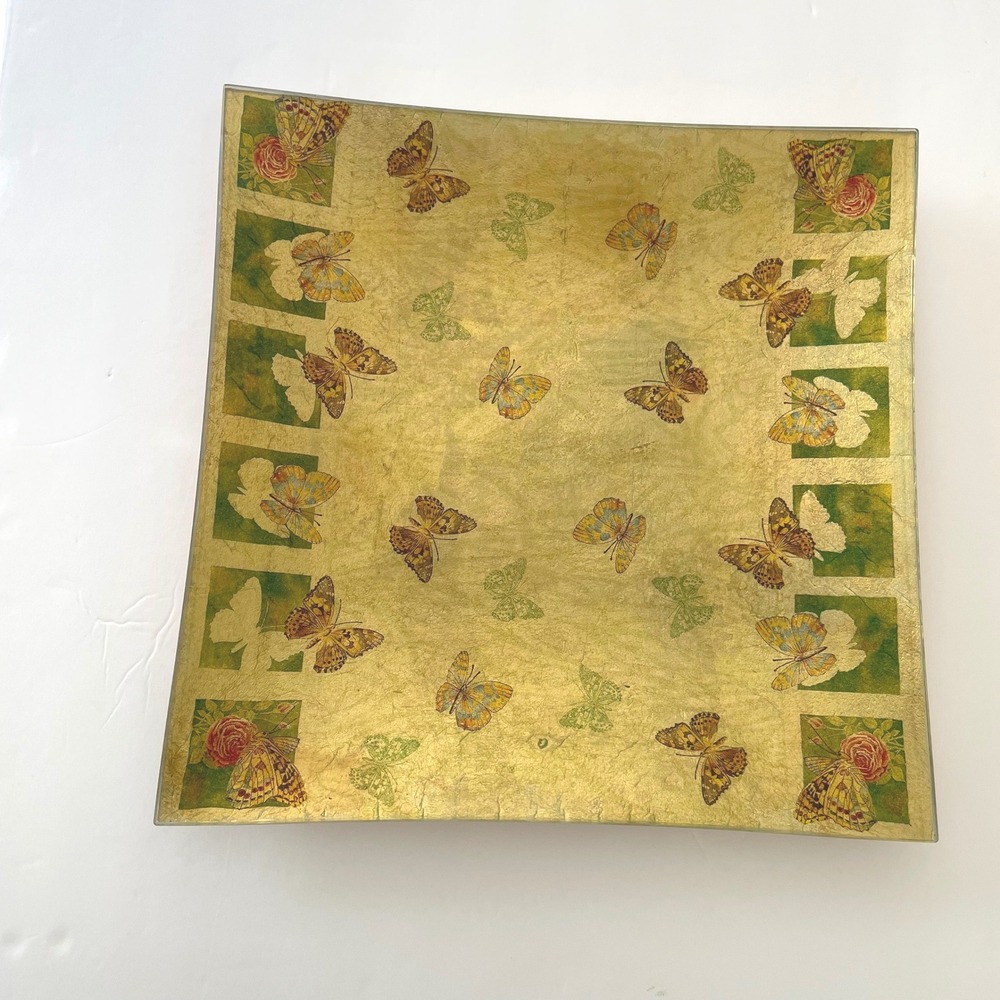Gold Glass Decoupage Botanical Butterfly Rose Motif Square Decorative Tray 14"